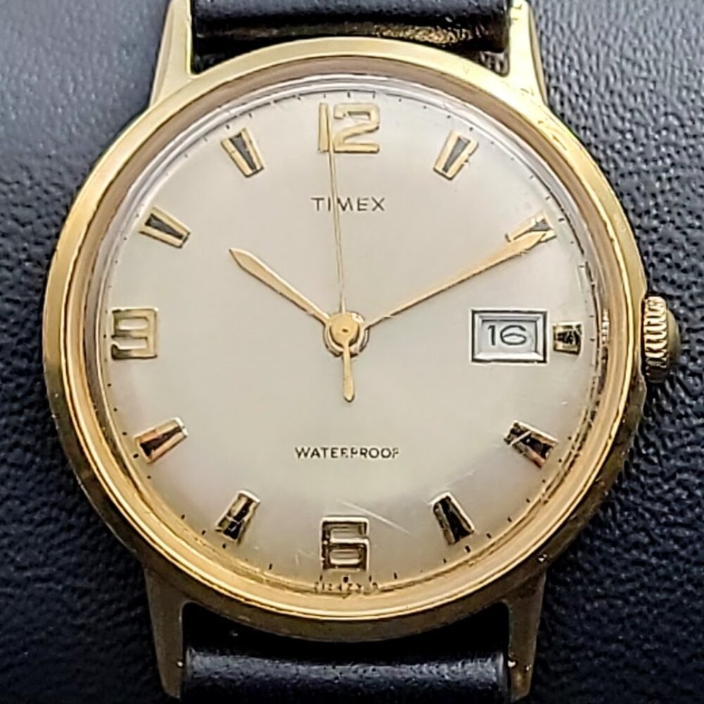 Vintage 1970s Timex Marlin Date Watch – Gold Tone, Manual Wind